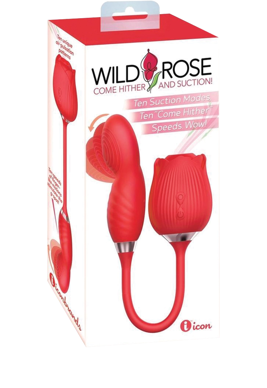 Icon Brands - Wild Rose Come Hither Rechargeable Silicone Dual Stimulator with Clitoral Suction - Red