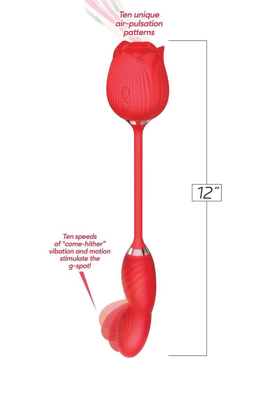 Icon Brands - Wild Rose Come Hither Rechargeable Silicone Dual Stimulator with Clitoral Suction - Red