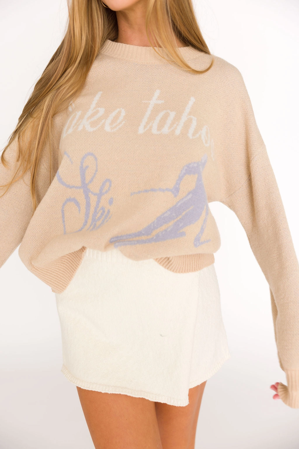 Lake Tahoe Ski Graphic Oversized Sweater in Beige