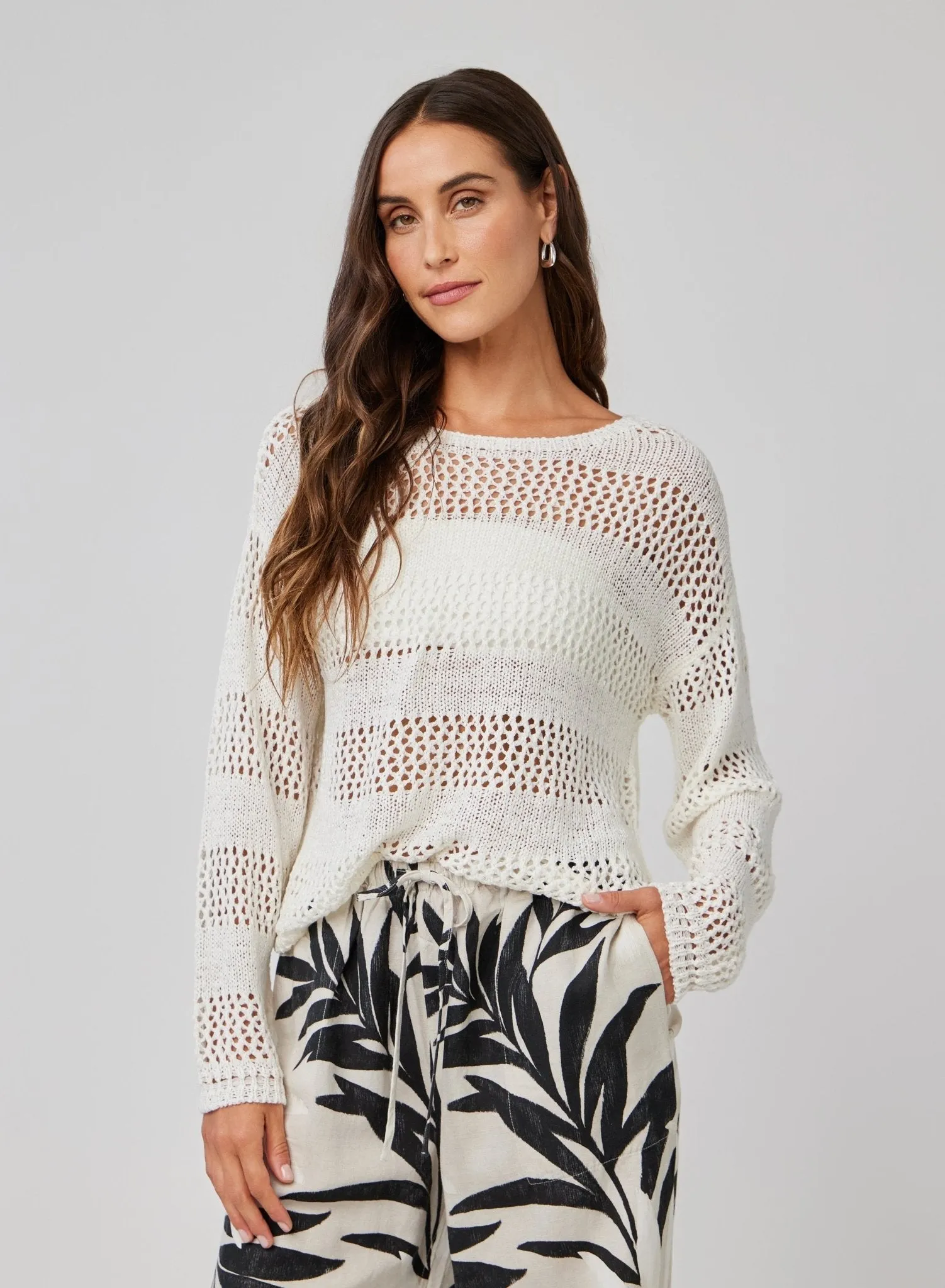 Open Knit Stripe Crew Sweater - White