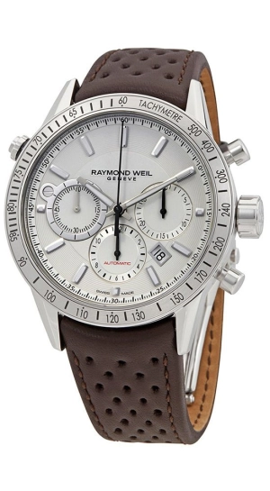 Raymond Weil Freelancer Stainless Steel Automatic Chronograph Men's Brown Leather Strap Watch Date 7740-STC-30001