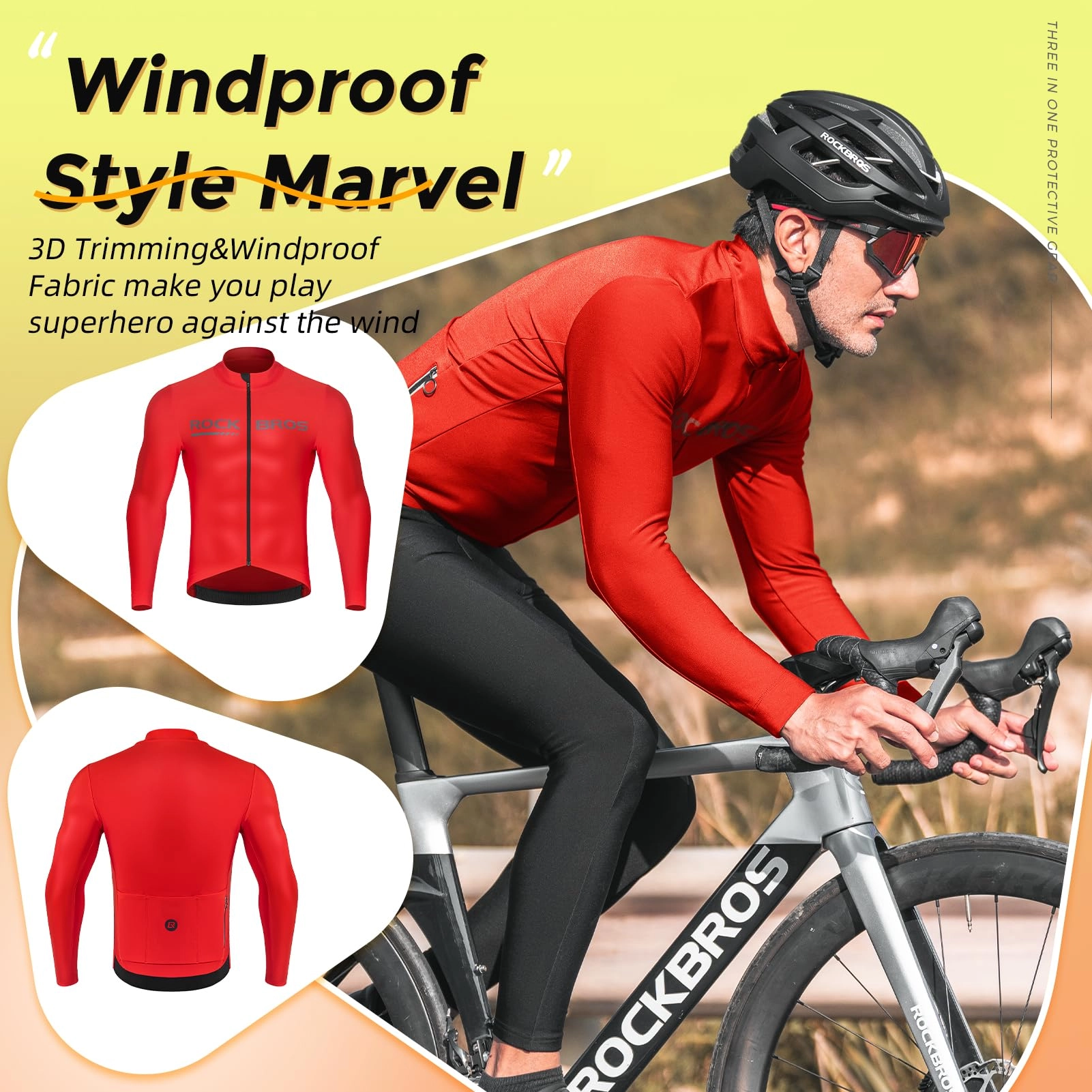 ROCKBROS Men's Long Sleeve Cycling Jersey with full zipper rear pockets perfect fit for outdoor sports