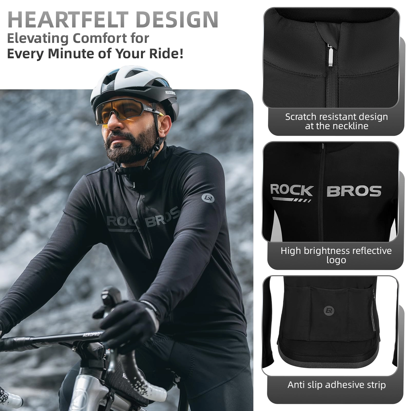 ROCKBROS Men's Long Sleeve Cycling Jersey with full zipper rear pockets perfect fit for outdoor sports