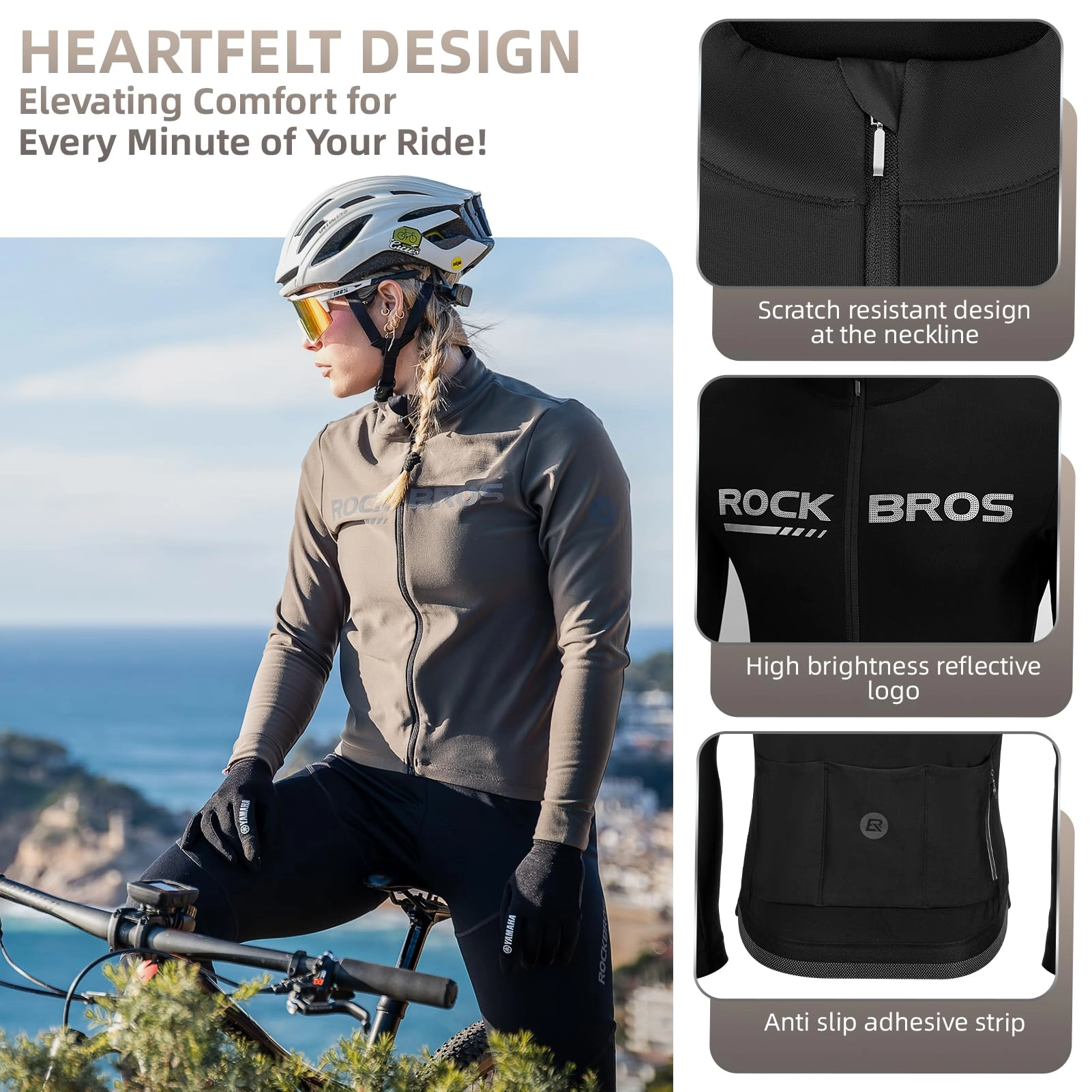 ROCKBROS Men's Long Sleeve Cycling Jersey with full zipper rear pockets perfect fit for outdoor sports