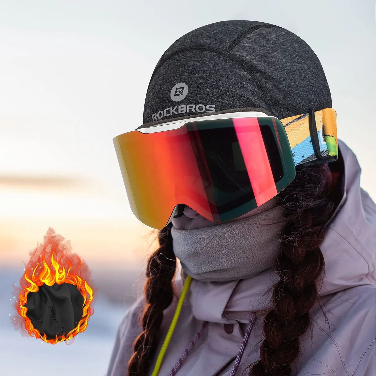 ROCKBROS Winter Skull Cap Helmet Liner, Thermal Cycling Beanie with Glasses Holes