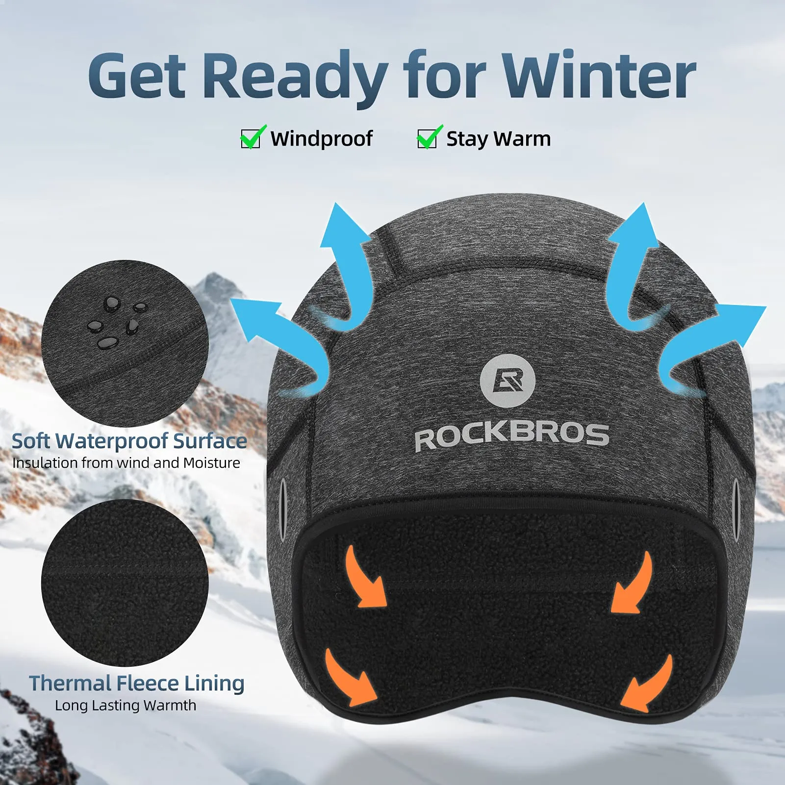 ROCKBROS Winter Skull Cap Helmet Liner, Thermal Cycling Beanie with Glasses Holes