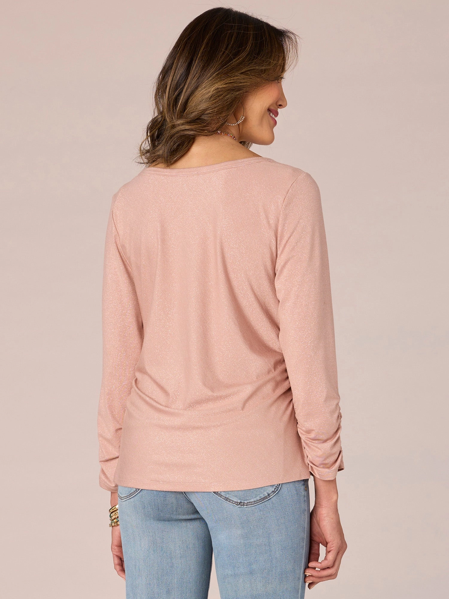 Three Quarter Sleeve Scoop Neck Ruched Side Shiny Petite Knit Top