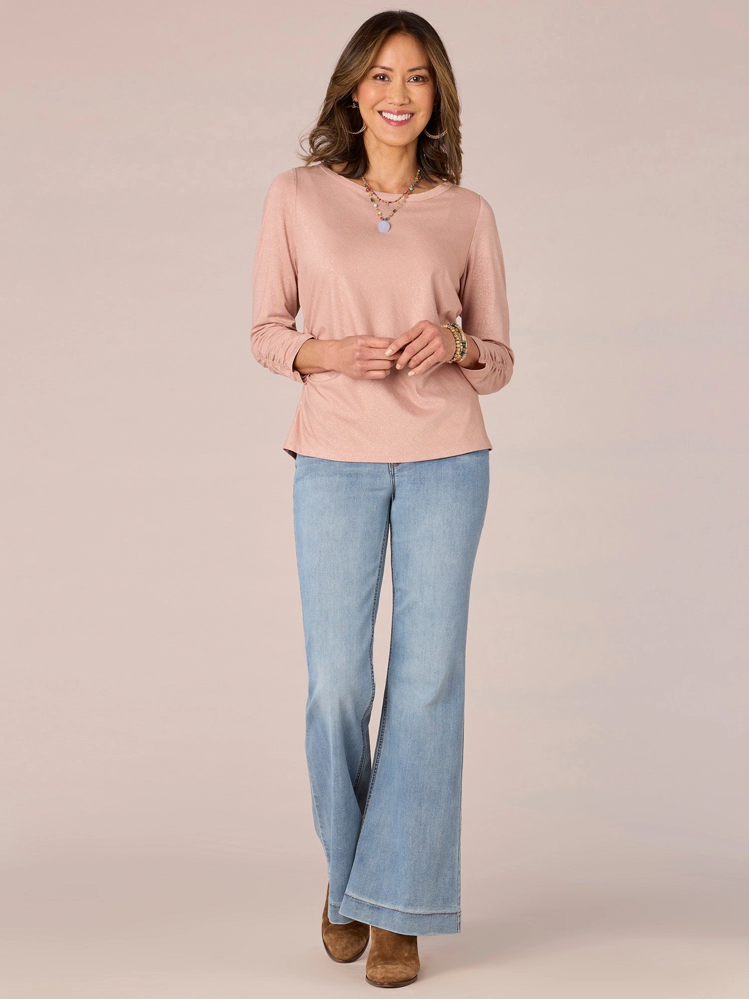 Three Quarter Sleeve Scoop Neck Ruched Side Shiny Petite Knit Top