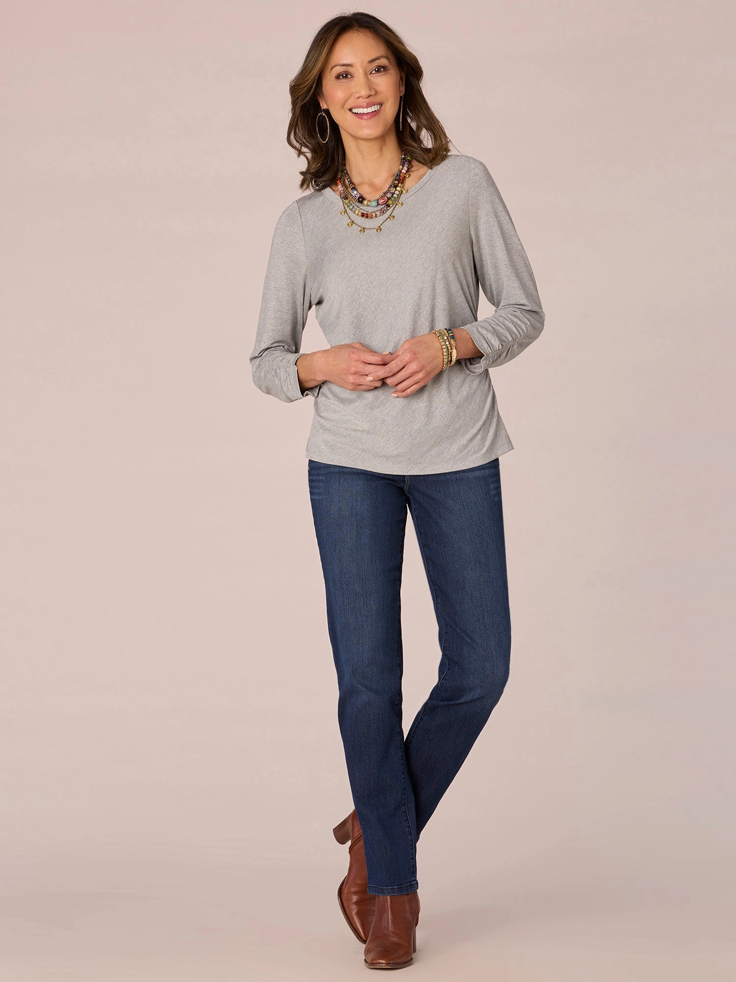 Three Quarter Sleeve Scoop Neck Ruched Side Shiny Petite Knit Top