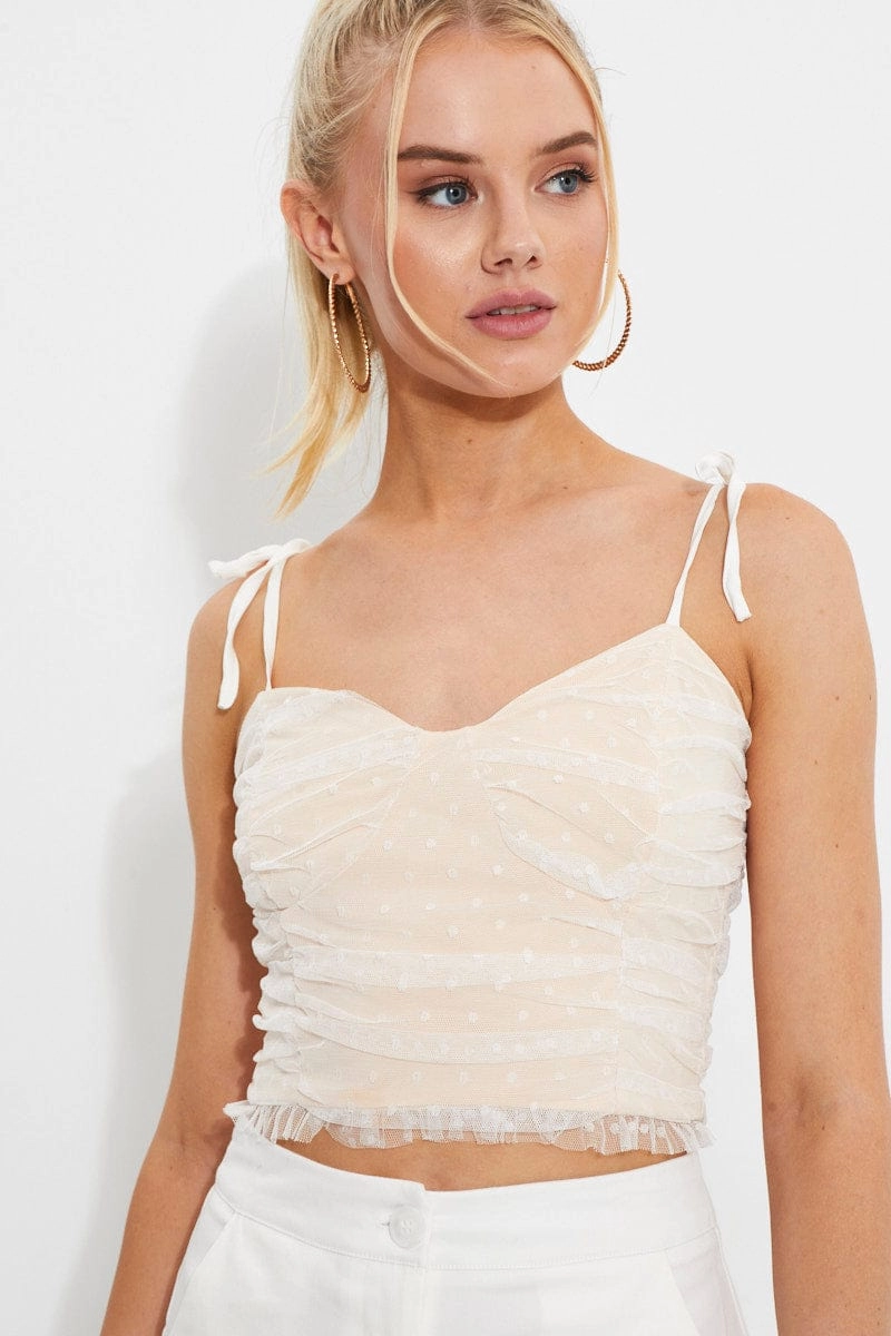 White Designer Lace Ruched Tie Shoulder Bralette Top