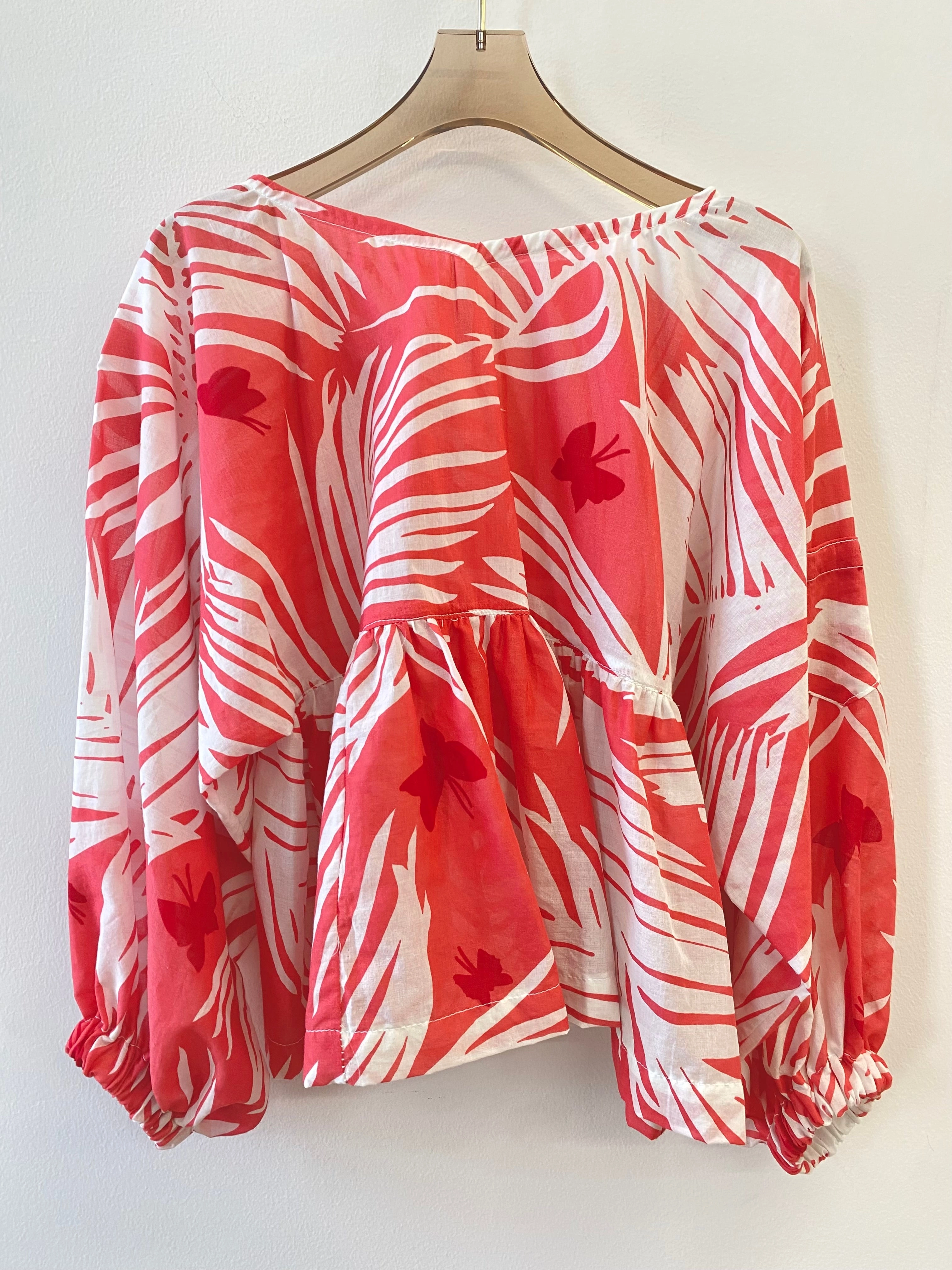 Zero Waste Red & White Guba Top w/ Palm Print