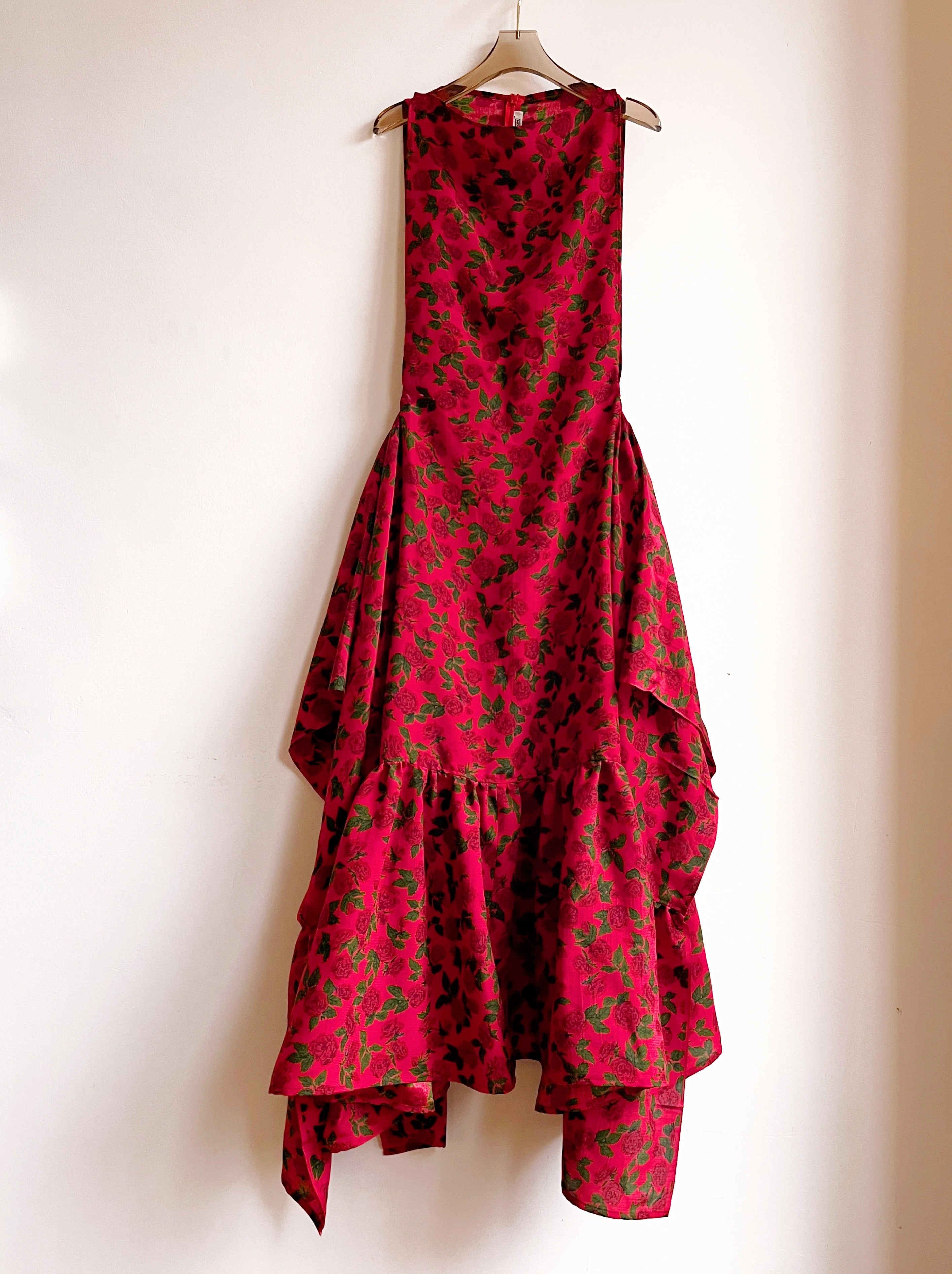 Zero Waste Ruffle Dress in Red Rose Floral Print