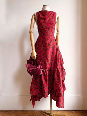 Zero Waste Ruffle Dress in Red Rose Floral Print