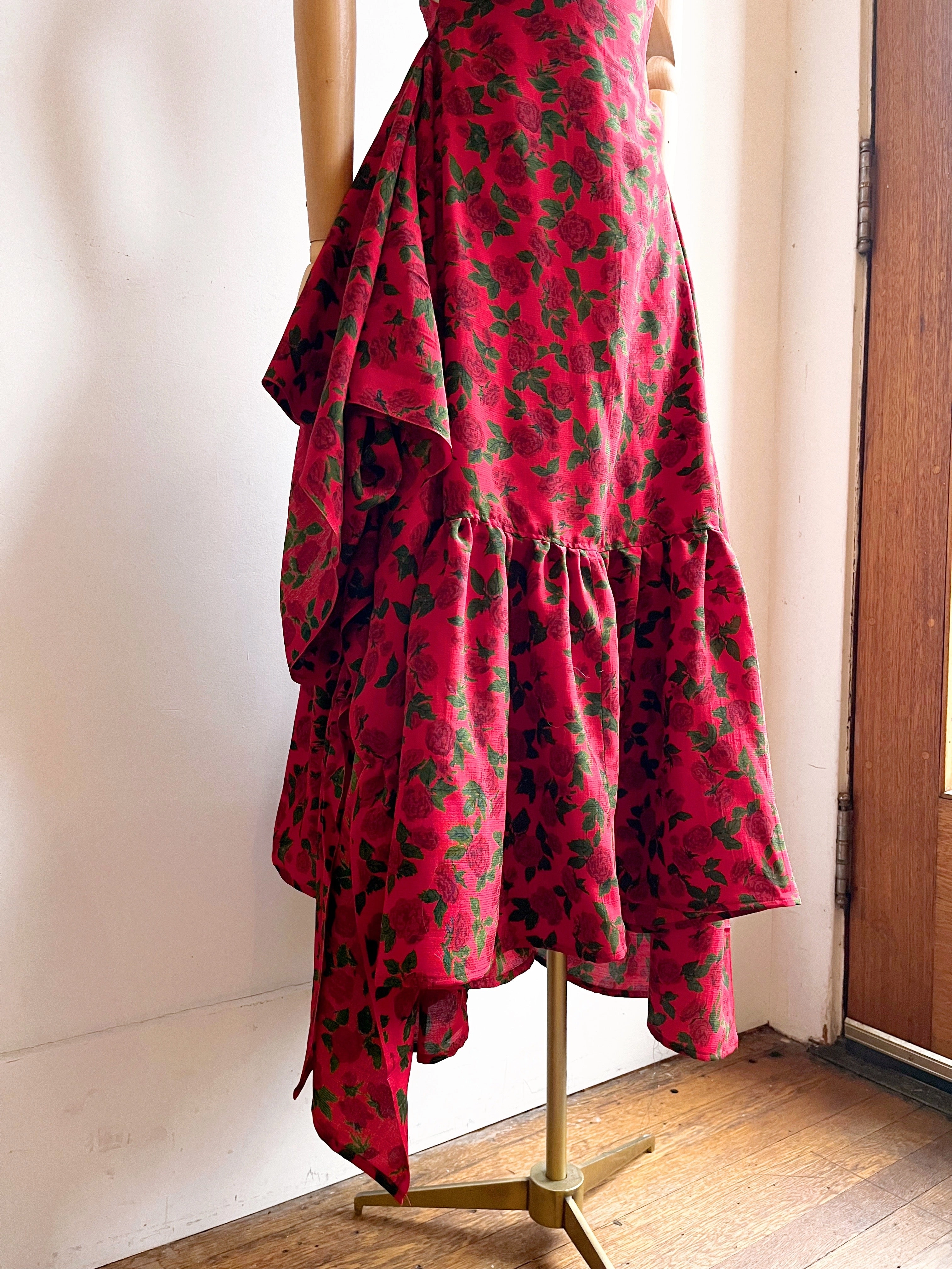 Zero Waste Ruffle Dress in Red Rose Floral Print