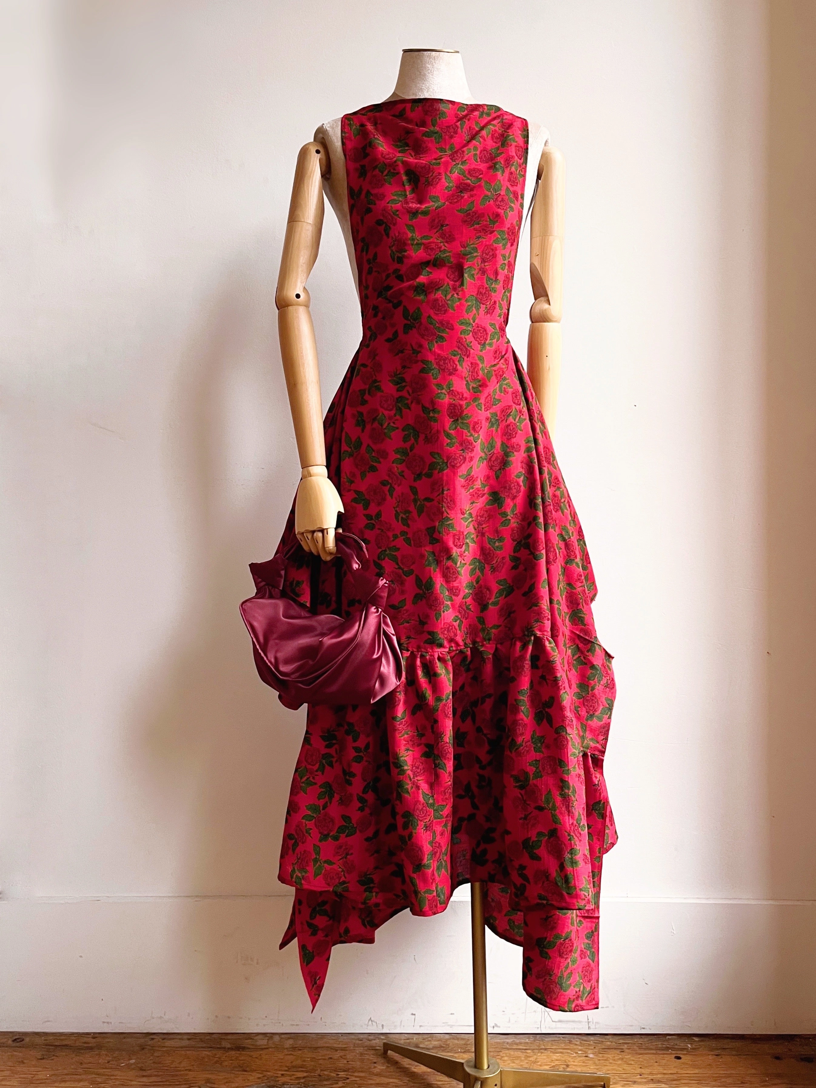 Zero Waste Ruffle Dress in Red Rose Floral Print